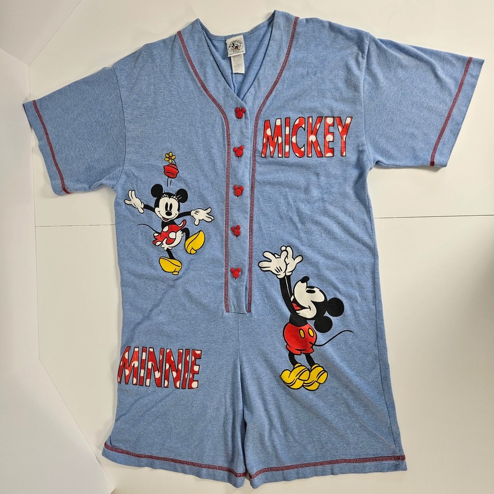 Vintage 90s Mickey & Co Disney Romper Blue Mickey Minnie Mouse Henley Medium